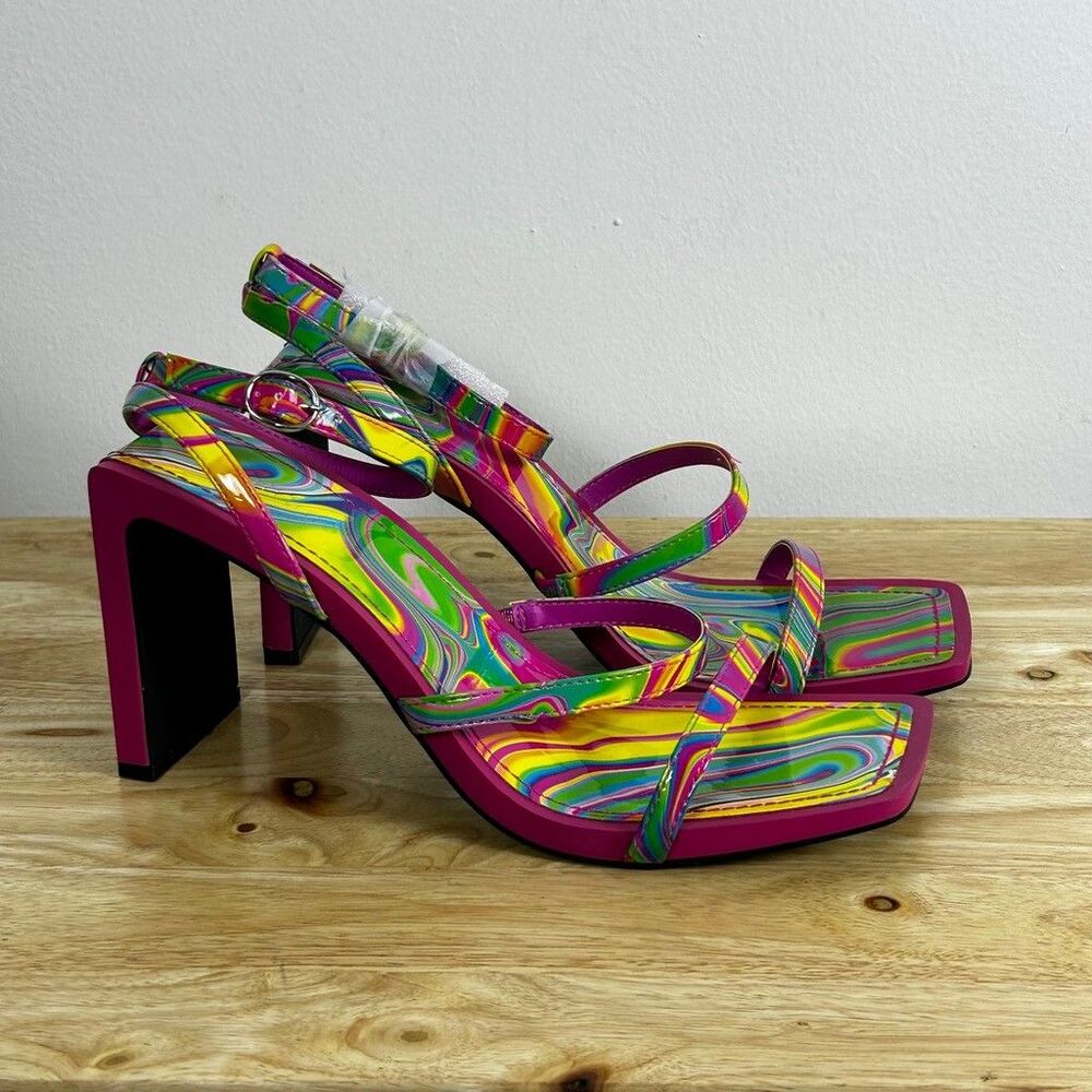 Bamboo Solo-02 Womens Block Heel Sandals Size 10 Psychedelic Neon Swirl Strappy